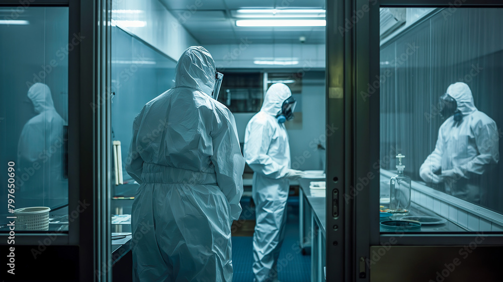 Three scientists wearing protective suits in the laboratory, standing ...