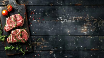Poster - Raw pork steaks laid out on a wooden cutting board with fresh tomatoes and herbs, ready for grilling, baking, or frying