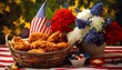 Festive outdoor eating scene showing a basket of fried chicken on a garden table, decorated with small American flags and summer flowers, ideal for Fourth of July themes