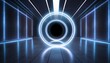 Luminescent Labyrinth: Empty Futuristic Hall with Circular Neon Reflection