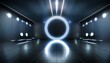Eerie Emanation: Dark Sci-Fi Hall with Circle Shaped Neon Glow