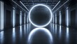 Futuristic Void: Dark Sci-Fi Hall with Circle Neon Light Reflection