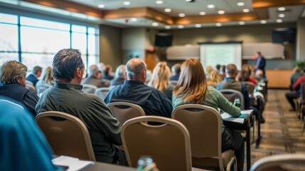 Wall Mural - A wide-angle shot of a conference room filled with attendees sitting in chairs, listening attentively to a speaker at a business conference