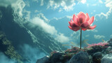 Fototapeta  - A pink lotus flower is blooming on a rocky cliff. The sky is blue and cloudy and there is mist in the background.

