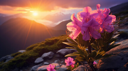  sunset in the mountains with closeup of pink flower