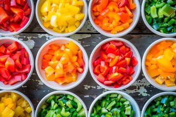 Top view of a chopped green, yellow, orange and red bell peppers several white bowls. Wooden table