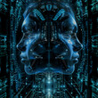 Abstract illustration of two woman’s profile portraits invoking ancient Janus image, surrounded by digital interfaces. Interpretation and personification of dualist AI technology, blue color.