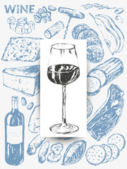 Wall Mural - ector wine illustration. Wine bottle, glass, snack, cork, corkscrew, grape, cheese, bread