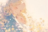 Fototapeta  - A mother and child hugging, surrounded by flowers in the style of watercolor, with heart-shaped elements adding warmth to the illustration. 