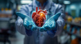 Fototapeta  - digital of a Heart. Cardiologist on blurred background using digital x-ray of human heart holographic scan projection 3D rendering