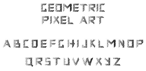 Wall Mural - Pixel Art Font Design isolated white background. Hand Drawn black Geometrical Alphabet collection  Template. Grunge Texture vector can used Web and Social Media poster, banner design. EPS 10