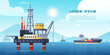 Oil gas industry. Vector illustration of oil well and rig, extraction production and transportation oil, fuel and petrol in tankers, ships. Water rig drilling platform background for infographic, web