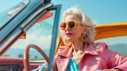 Wall Mural - Stylish grandma in a retro convertible showcasing bright clothes.