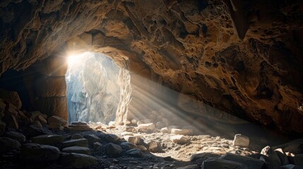 Empty tomb with stone rocky cave and radiant light rays symbolizing Easter resurrection.