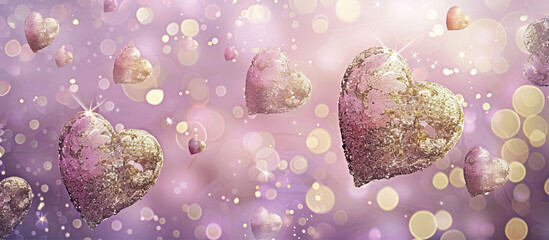 Wall Mural - Golden hearts on a blurred, purple background
