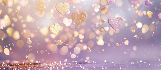 Wall Mural - Golden hearts on a blurred, purple background
