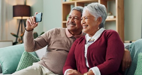 Poster - Senior couple, happy and smartphone for video call, contact and communication in living room. People, mature man and woman on sofa, couch and house together with cellphone for online conversation