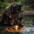 A black cat wearing a golden necklace and golden bracelets is dipping its paw into a glowing magical symbol in a pond, surrounded by lush foliage.