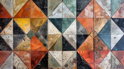 Geometric Patterns: An overhead view of a tiled floor showcasing a repetitive geometric pattern in various colors