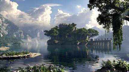 Wall Mural - Fantasy world's landscape featuring an island resting peacefully on a serene lake.