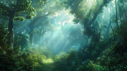 Wall Mural - Get lost in the enchanting world of a magical forest, where a mist hangs in the air, adding an air of mystery to the lush surroundings.