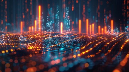 Binary code flowing in a digital landscape.