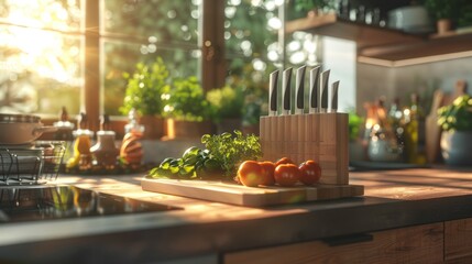 Modern Knife Set Presented on a Wooden Block in a Bright Kitchen