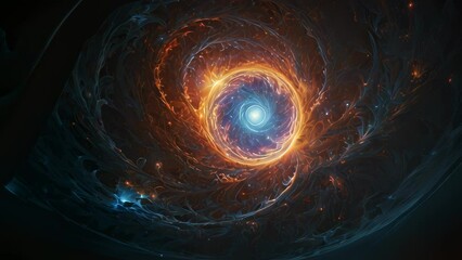 Wall Mural - Video animation of  mesmerizing cosmic swirl, reminiscent of a distant galaxy or nebula. At its core, a brilliant blue-white circular light shines, possibly representing a star or the galactic center