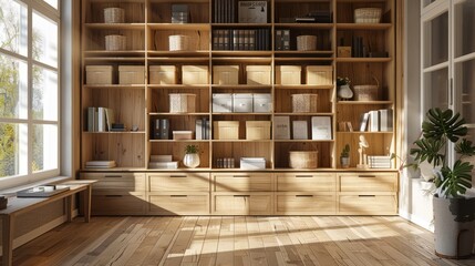  Efficient Use of Space with Stackable Wooden Bins in a Contemporary Setting
