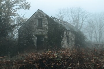 Poster - An abandoned building, partially hidden by the thick mist