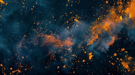Wall Mural - An elevated view of blue, orange, and yellow holi powder design on a sleek black backdrop