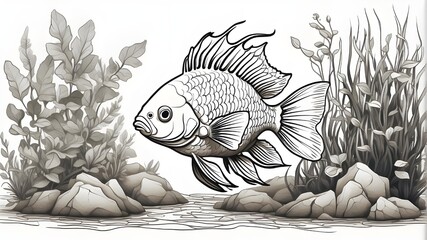 tropical fish clipart in watercolor Swimming parrotfish in multicolored watercolor style, encircled with gold accents, An image of a goldfish among water vegetation in black and white Black and white 