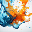 Orange and Blue Ink drops in water on white background