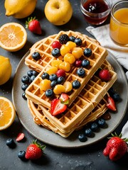 Poster - AI generated illustration of waffles with honey and fruit