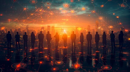 Wall Mural - A group of interconnected silhouettes of business professionals against a backdrop of glowing digital circuits, symbolizing the network of connections in both social and professional realms