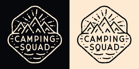 Sticker - Camping squad crew group camper badge emblem. Mountains lover retro vintage aesthetic illustration. Outdoorsy quotes for matching family friends trip adventure buddies logo shirt design print vector.