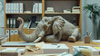 An elephant statue is placed on top of a wooden desk, showcasing intricate details in the carving