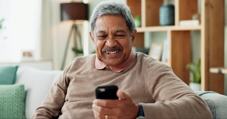 Canvas Print - Phone, excited and senior man on sofa with smile, online chat and scroll on internet in home. Connection, networking and happy old person on couch with smartphone for mobile app, good news or relax