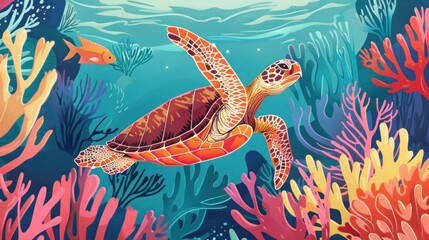 Wall Mural - Sea turtle gliding through vibrant coral