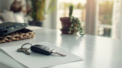 Paper and car keys on white table