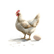 Watercolor illustration of a chicken and egg on a white background.