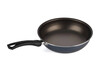 New empty frying pan with black plastic handle on white background.