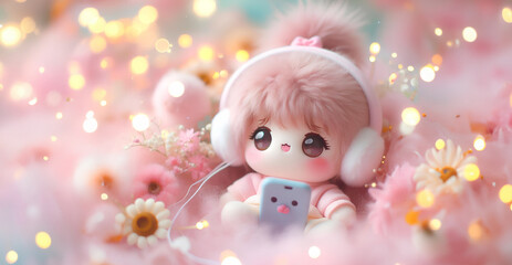 Wall Mural - A cute doll sits and listens to music amidst flowers in the bokeh background. copy space