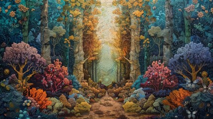 Wall Mural - A forest where plants communicate with each other through telepathy, sharing their wisdom and knowledge in a harmonious symphony.