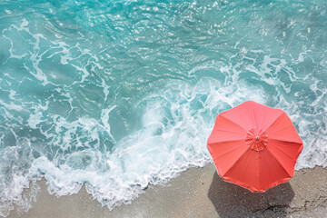 Umbrella on the beach and foam of sea wave. Top view. Generative AI