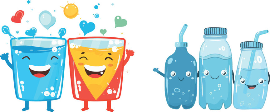 Water super heroes. Clean healthy drinks, cute smile eco lifestyle