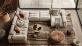 Fototapeta Przestrzenne - Top view of a cozy living room with a sectional sofa and modern furniture, with a natural light background, concept of home interior. Generative AI