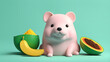 A cartoon bear is sitting on a table with a bowl of bananas and a bowl of fruit