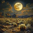 Desert under full moon, cacti landscapes flourishing from the increased moisture of La Nina