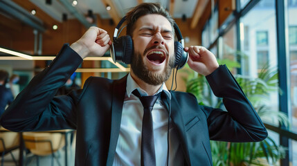 Happy businessman wearing headphones relaxing, enjoying good quality sound. Happy young Caucasian office.